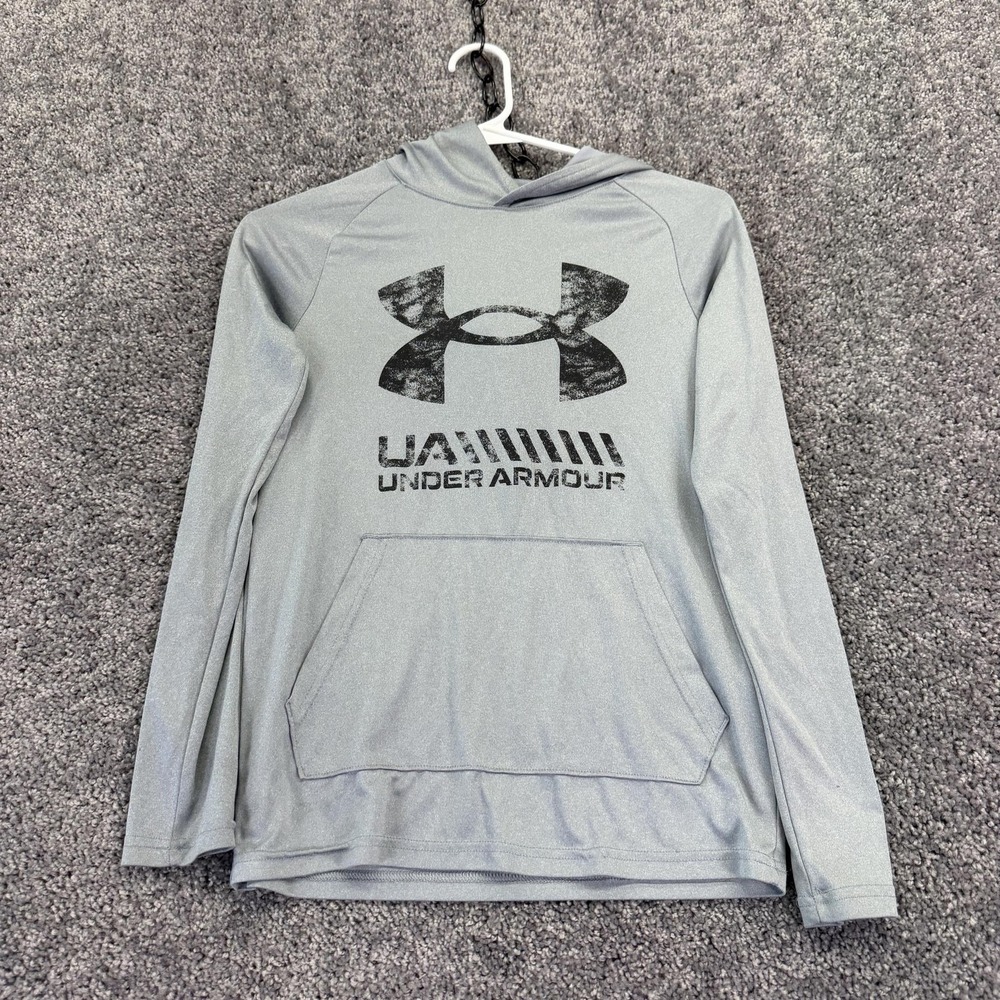 Under Armour Hoodie Kids Medium Gray Logo Pullover Kangaroo Pocket Athletic